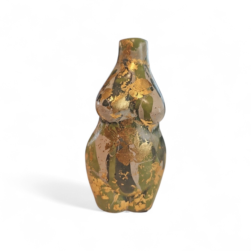 Gold-Leaf Olive Green Female Form Vase - Home Art